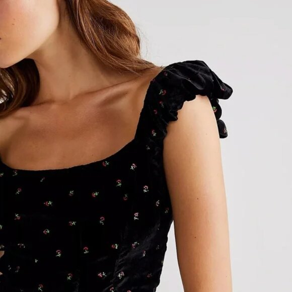 Free People Black Velvet Embroidered Corset Top - Picture 1 of 3